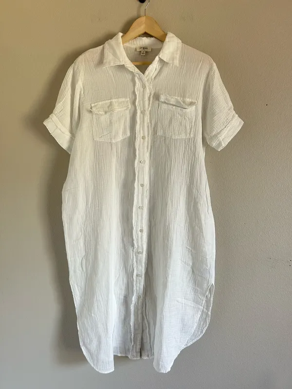 Umgee White Gauze Button Up Maxi Dress w/ Raw Edges medium - Image 3