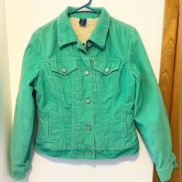 Gap Women's Mint Green Western Corduroy Faux Fur Lined Button Up Jacket - Image 2