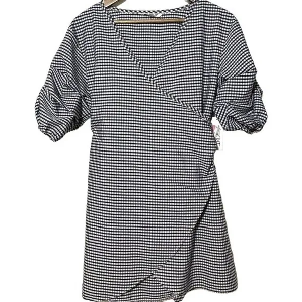 The Edit by Seventeen Juniors M Blue White Gingham Wrap Dress Puff Sleeve NWT - Image 4