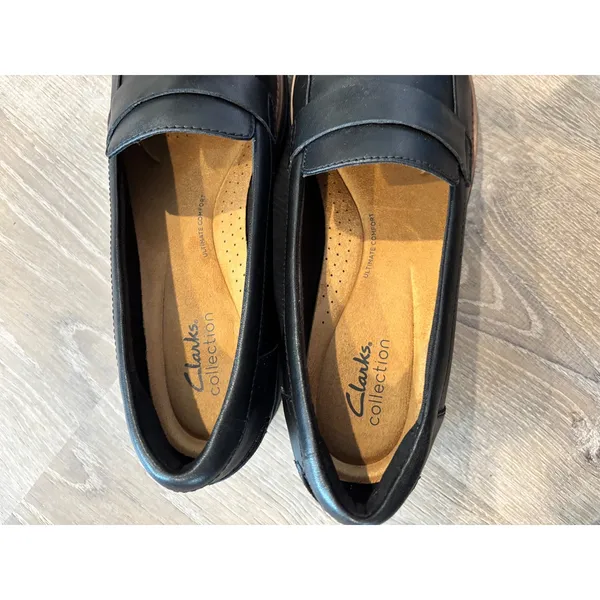 Clarks Collection Black Leather Penny‎ Loafer Wedge Shoes Ultimate Comfort 13288 - Image 2