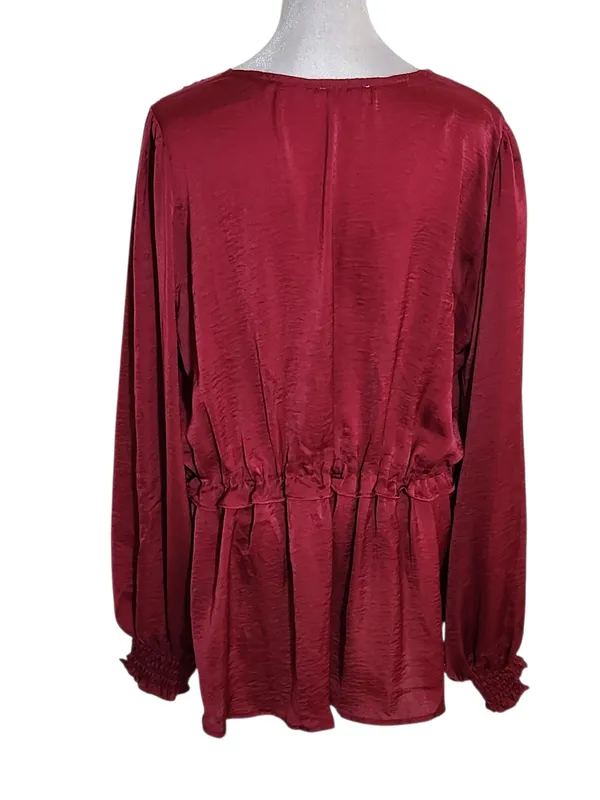 Umgee Burgundy Satin Sheen Babydoll Blouse Size Large - Image 2