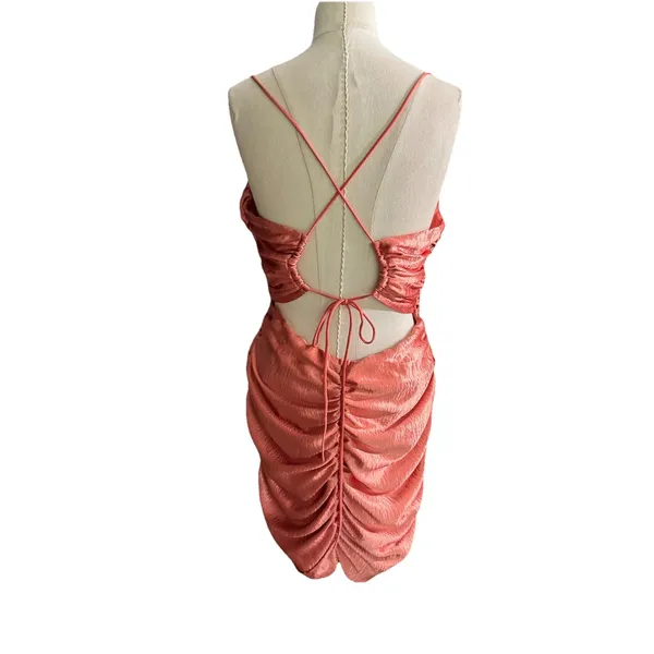 LUCY IN THE SKY Metallic Copper Plunge Ruched Mini Dress Size L Party Cocktail - Image 6