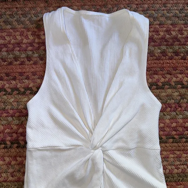 WHITE BASIC RIBBED V NECK TWIST FRONT BODYSUIT ONE PIECE - Image 2
