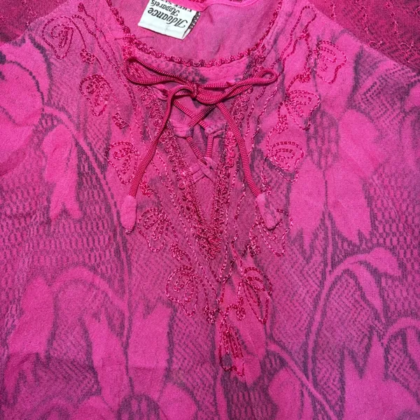 VTG y2k‎ Pink Floral Tunic Top Sheer Lace Up Boho Womens L beach cover up fairy - Image 9