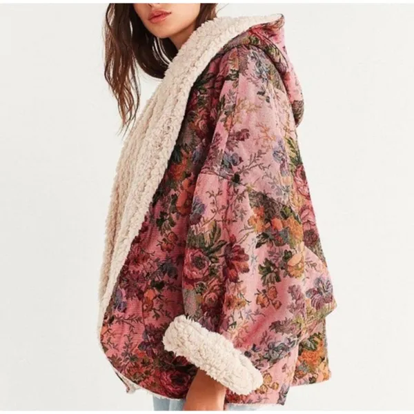 Urban Outfitters Inspired Beatriz Fuzzy Reversible Coat Jacket L Floral Fleece - Image 11