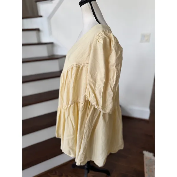 Showpo Light Yellow Asymmetric Off Shoulder Puff Sleeve Tiered Mini Swing Dress - Image 2