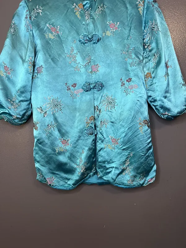 Vintage Great Lion Jacket Womens XS Teal Silk Embroidered Mandarin Hong Kong 60s - Image 4