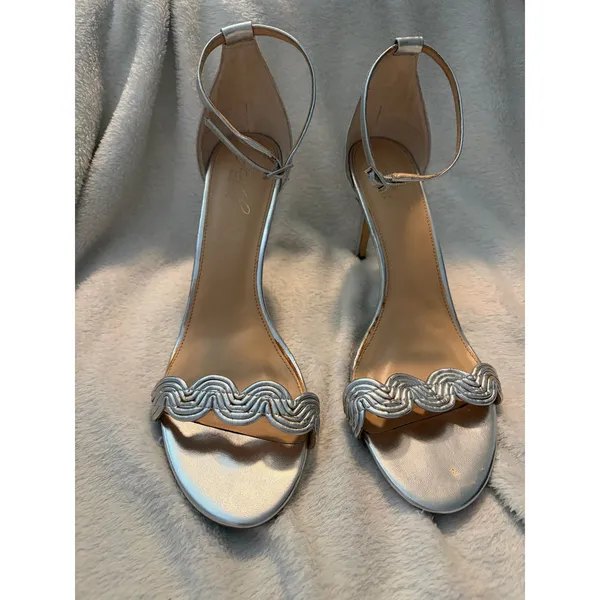Jewel Badgley Mischka Heeled Sandals Stiletto‎ Silver Braided Strap 8.5 - Image 5