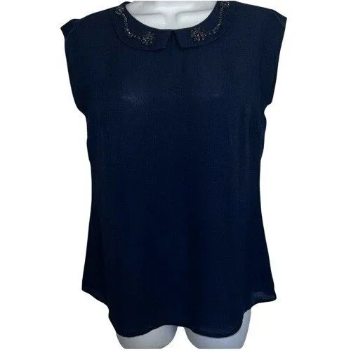 THE LIMITED Navy‎ Blue Rhinestone Embellished Peter Pan Collar Blouse NWOT XS - Image 6