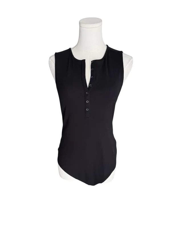 American Eagle - Soft & Sexy Ribbed Henley Bodysuit Black Sleeveless Sz L - Image 2