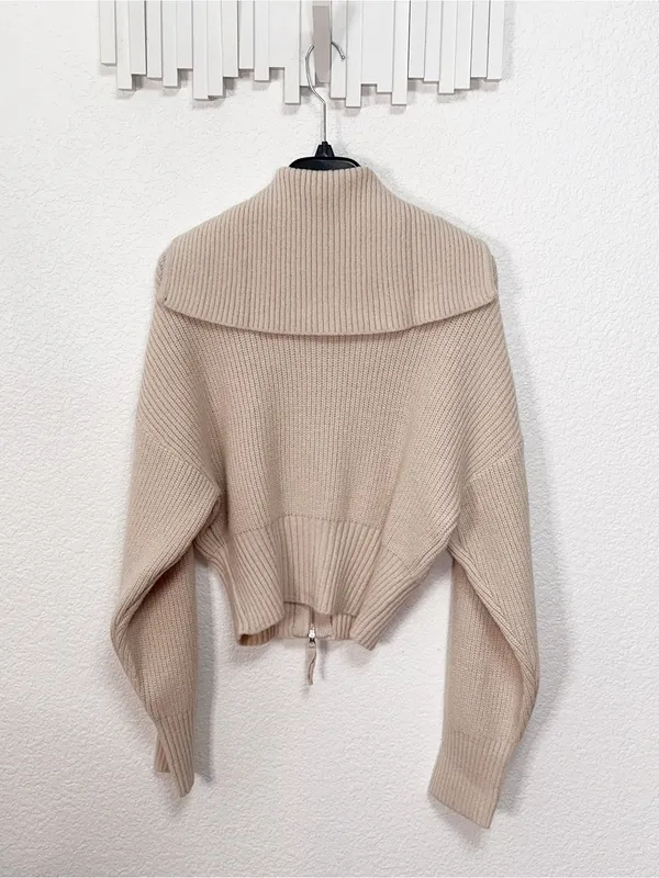 Zenana Beige Ribbed Knit Two Way Zip Up Sweater Jacket Oversized Collar Cardigan - Image 10