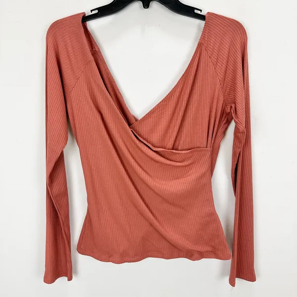 Lulus All Day Fave Rusty Rose Ribbed Surplice Long Sleeve Top Stretch XL NWT - Image 11