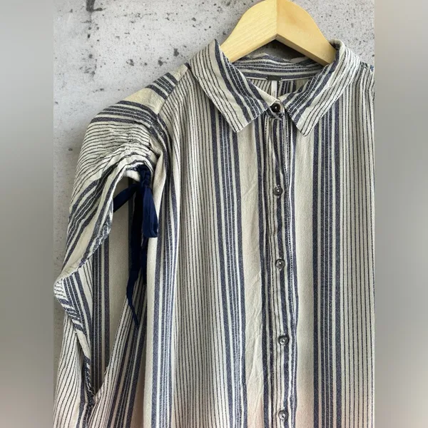 Free People Ombré Baby Blue Striped Button-Down Shirt with Tie Sleeves - Image 4
