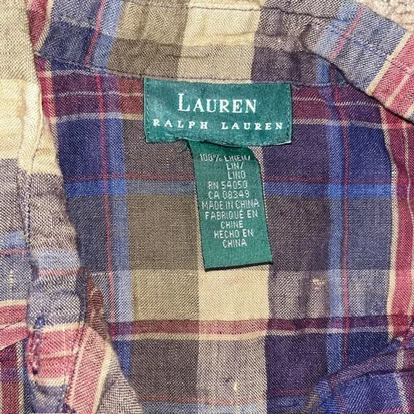 Lauren Ralph Lauren Plaid Button Down Shirt‎ 100% Linen Embroidered Logo Large - Image 7