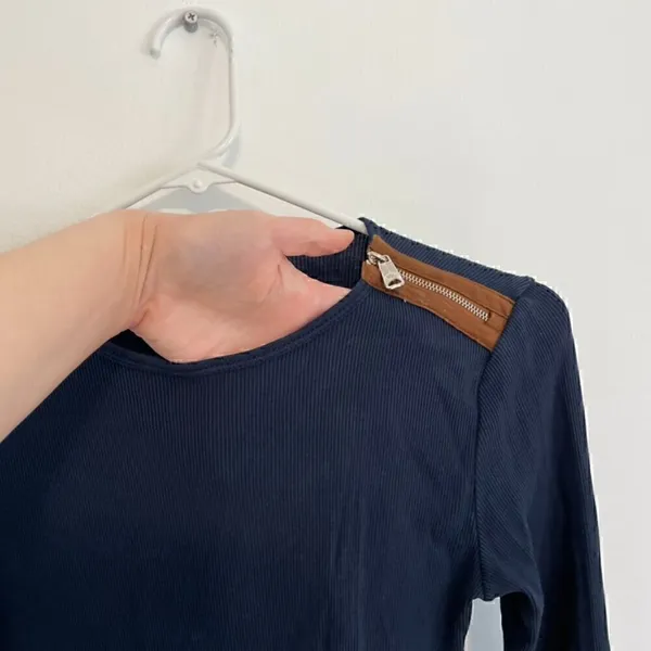 LAUREN RALPH LAUREN LRL Gacy Zip Shoulder Crew Navy Blue Long Sleeve Cotton Top - Image 5