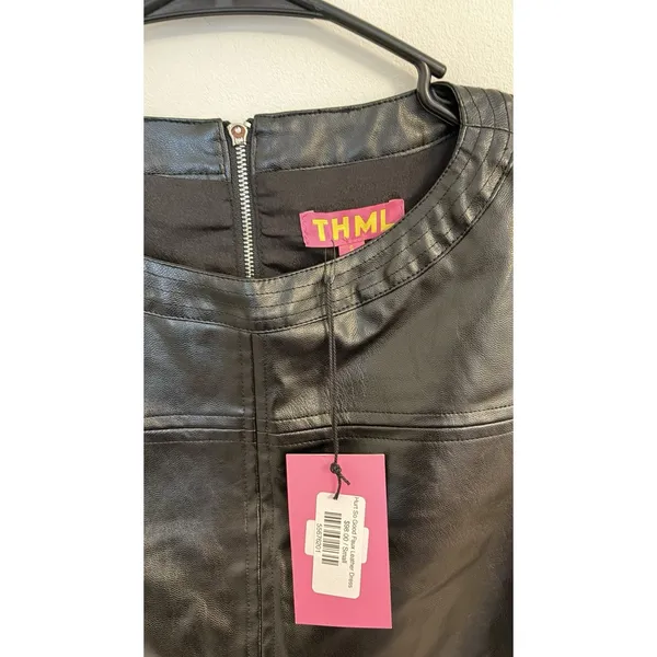 NWT THML MSRP $98 Wynne Black Faux Leather Vegan‎ Short Sleeve Short Dress S - Image 3