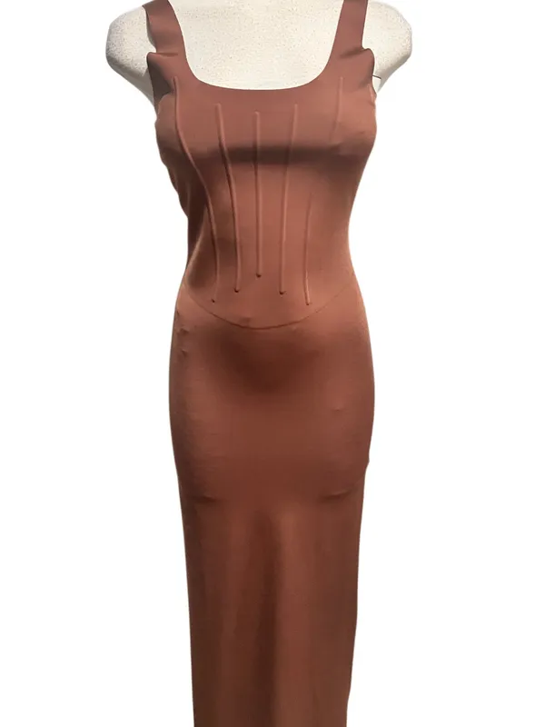 Zara Polyamide Blend Corset Midi Dress Stretch Brown Size Small - Image 3