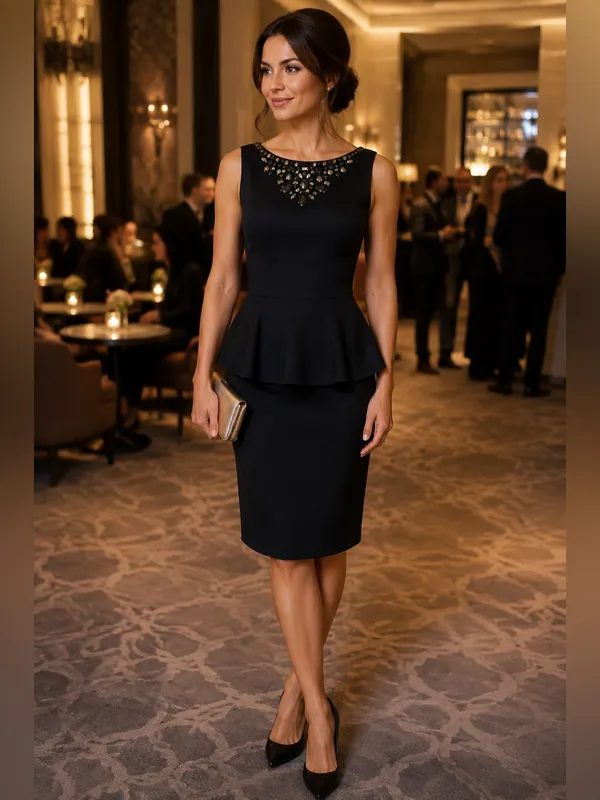 Eliza J Black Peplum Y2K 2010 Dress Size 2 Embellished rhinestone neck LBD - Image 3