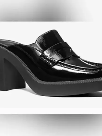 Michael Kors women black leather glossy platform mule heel shoes US 10 - Image 2