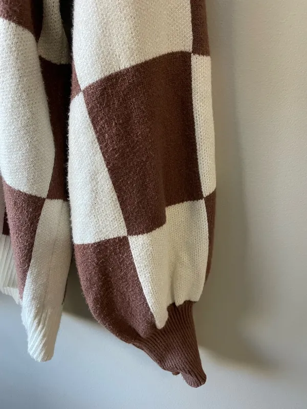 Checkerboard Crewneck Sweater - Cream & Brown - Image 7