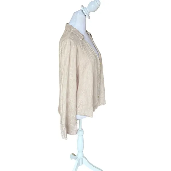 ZARA Linen Blouse Flared Bell Sleeves Button Up V Neck Beige Womens Small - Image 9