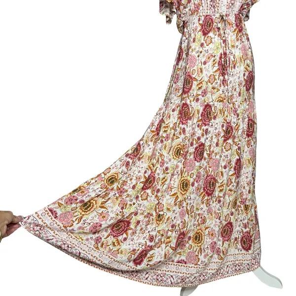 Vivimos Floral Maxi Dress L Prairie Flowy Relaxed Romantic Henley Elastic Waist - Image 7