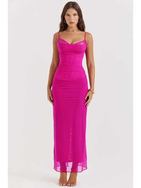 House of CB Nalini Fuchsia Mesh Maxi Dress Ruched Corset M - Image 3