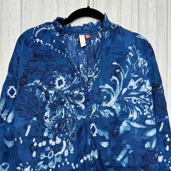 Anthropologie Pilcro The Tavi Ruffled Button Down Blouse Blue Batik Floral Small - Image 5