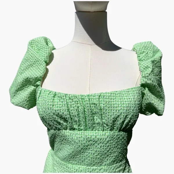 Zara Green Gingham Puff Sleeve Mini Dress Cottagecore Lace Back Medium Backless - Image 5