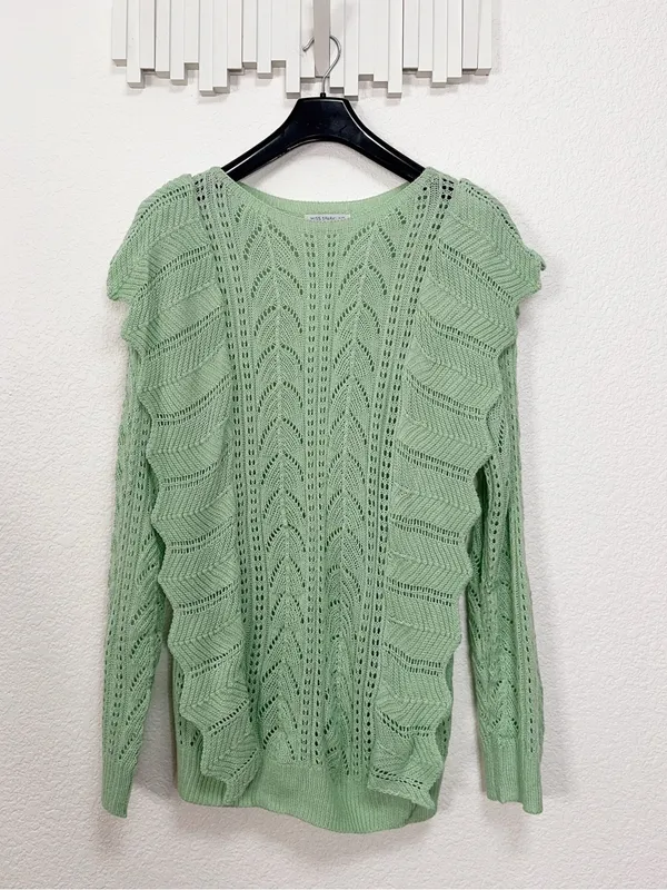 Miss Sparkling NWOT Oversized Apple Green Pointelle Ruffle Knit Sweater XL - Image 2