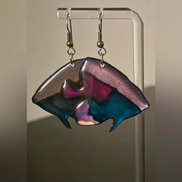 Vintage Nautical Iridescent Tropical Fish Dangle Earrings | Abstract Art Jewelry - Image 3