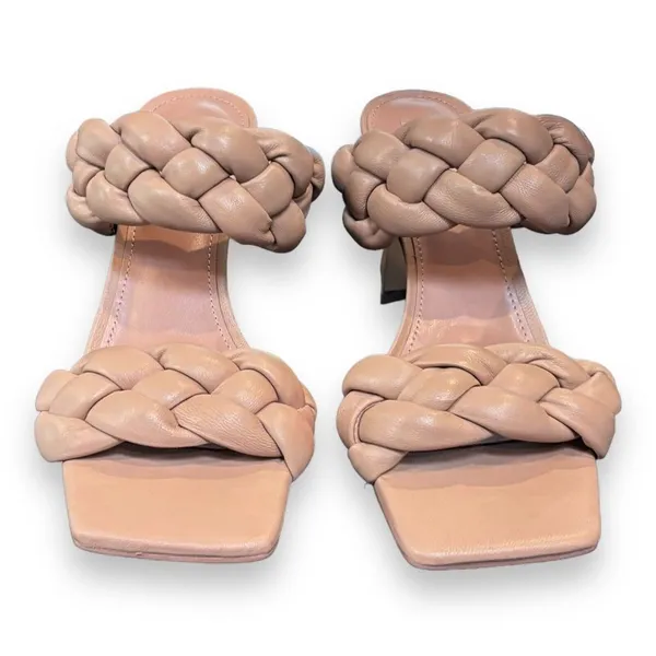 Marc Fisher Womens Hammy Heeled Sandal 8.5M Leather Chunky‎ Woven Straps Beige - Image 2