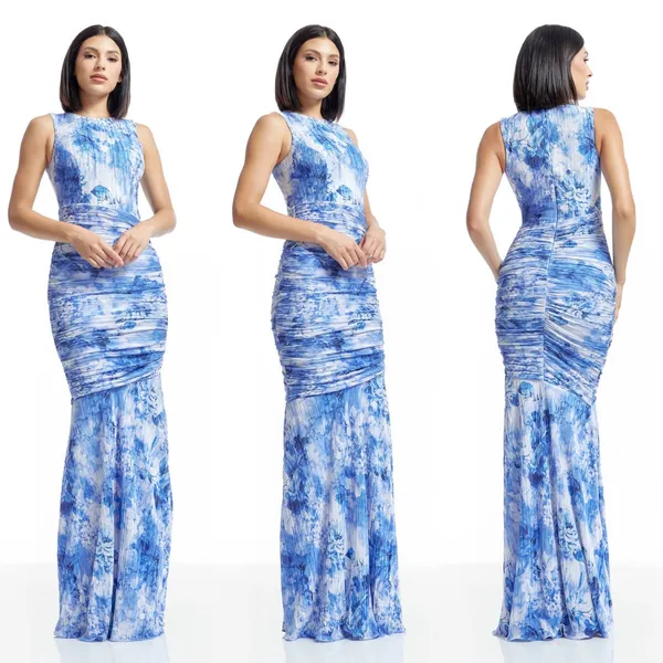 Dress The Population Violetta Maxi Dress XL Blue Floral‎ Pleated Ruched Wedding - Image 12