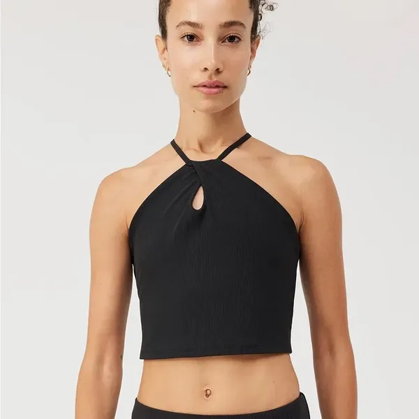 Outdoor Voices Ribbed Halter Crop Top Black Built-In Bra Size M Athletic - Image 4