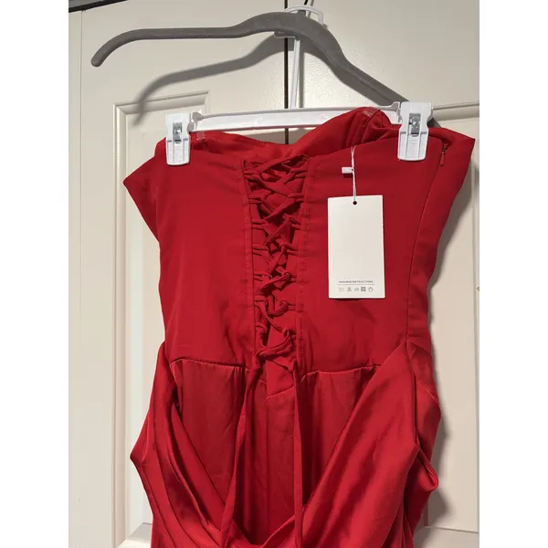 Red Strapless Corset Back Evening Dress Size 8 - Image 8
