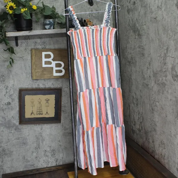 NWT Ny Collection Tiered Dress with Smocked Bodice Peach Pink Stripe Multi PXL - Image 3
