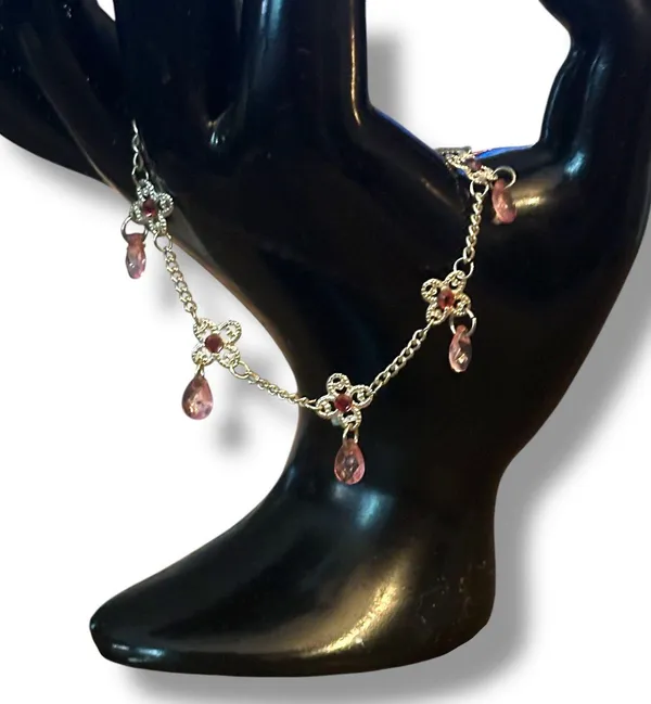 Silver tone flower link pink dangles anklet - Image 3