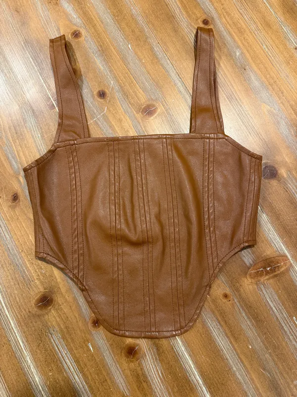 Motel Rocks Wawi PU Faux Leather Crop Top Chocolate Brown Y2K Size M Edgy - Image 3