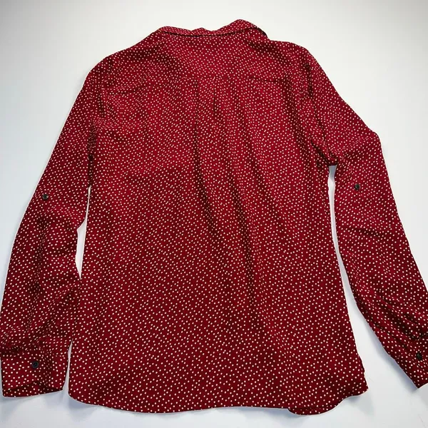 Ann Taylor Factory Red Dot Collared Crepe Blouse Long Roll Tab Sleeves Size M - Image 8
