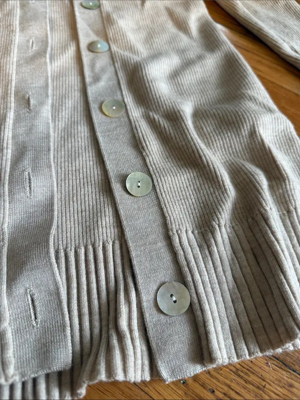 & Other Stories Wool Blend Long Fitted Ribbed Knit Collar Cardigan Beige XS - Image 3
