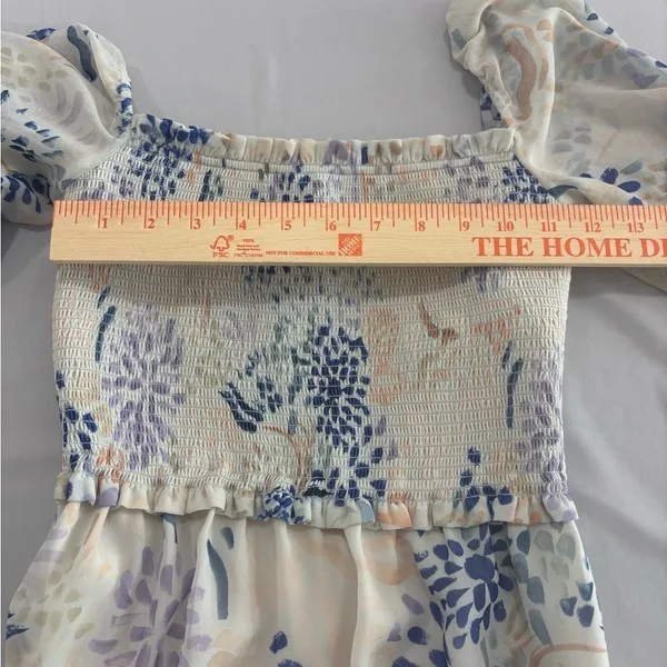 Wilfred‎ Aritzia Smocked Mini Dress Blue Floral Square Neck Long Sleeve XS - Image 5