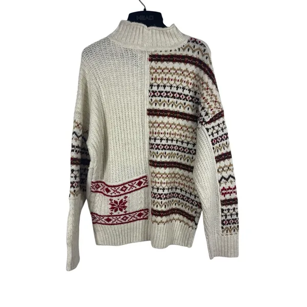 American Eagle Chunky Knit Red Cream Snowflake Fair Isle Nordic Cozy Sweater M - Image 5