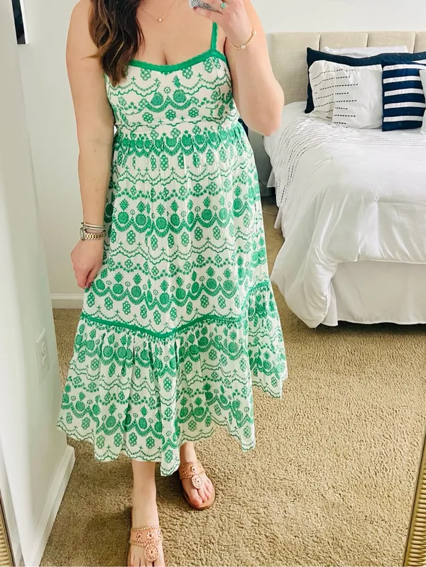 Adrianna Papell White Green Size 6 Cotton Eyelet Ruffle Midi Dress Party Picnic - Image 3