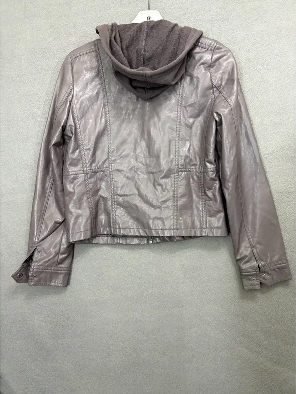 J2 Women’s M Gray Hooded Full Zip Jacket Pockets Long Sleeve Short Faux Leather - Image 3