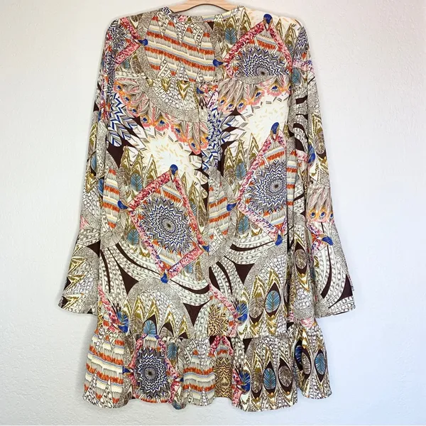 Umgee Bohemian Multicolor Printed Bell Sleeve Ruffle Hem Mini Dress Size L - Image 4
