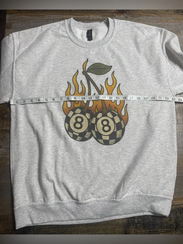 Gildan Light Gray Sweatshirt with Flaming Pool Ball Cherry Graphic - Image 6