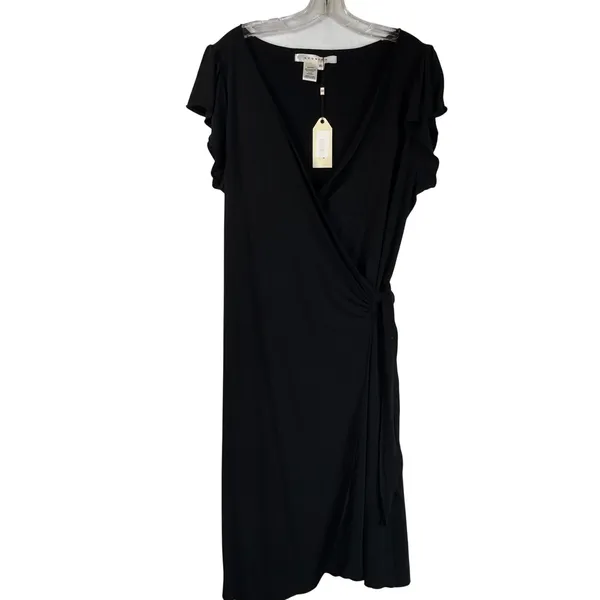 Studio M Black Wrap Dress Flutter Sleeve V-Neck Knee Length XL 9U00652K NEW - Image 2