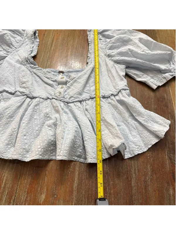 Free People Baby Blue Seersucker Puff Sleeve Babydoll Top Smocked Back S - Image 10