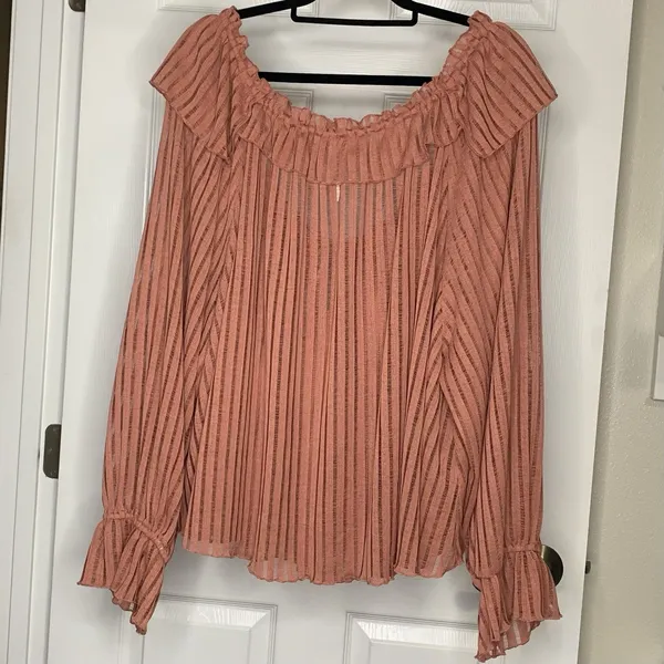 By Anthropologie L/S Sheer Striped Crop Blouse Rose Color Flowy Sz 3XL Tie Bow - Image 2