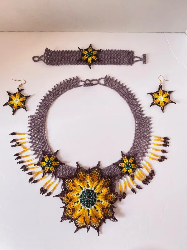 Handmade Sunflower Seed Bead Jewelry Set - Yellow & purple multicolor - Image 3